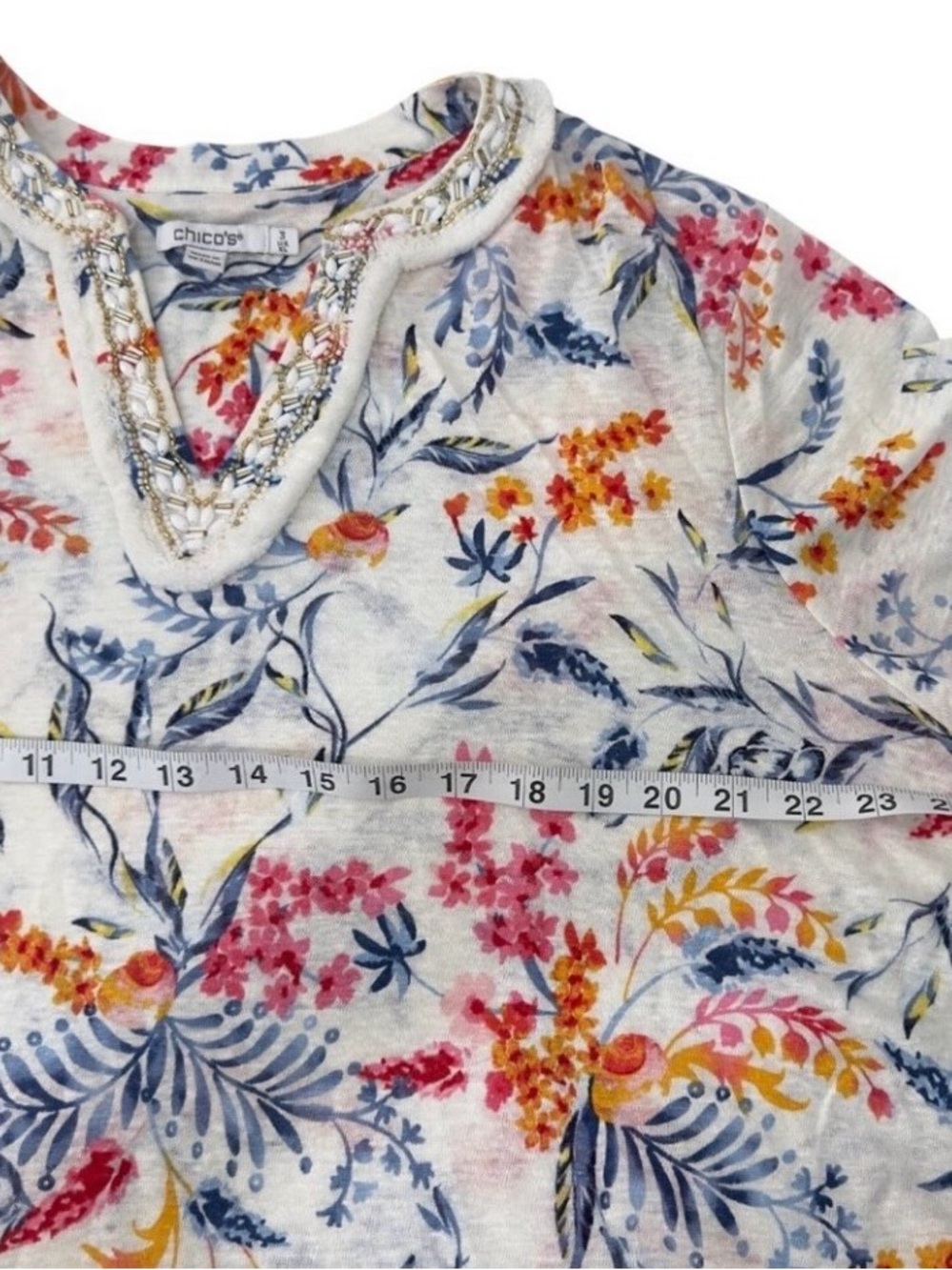 Chicos SZ 3 US XL Womens Nautical Floral Linen Tunic Top With Embellished Collar - Picture 6 of 8